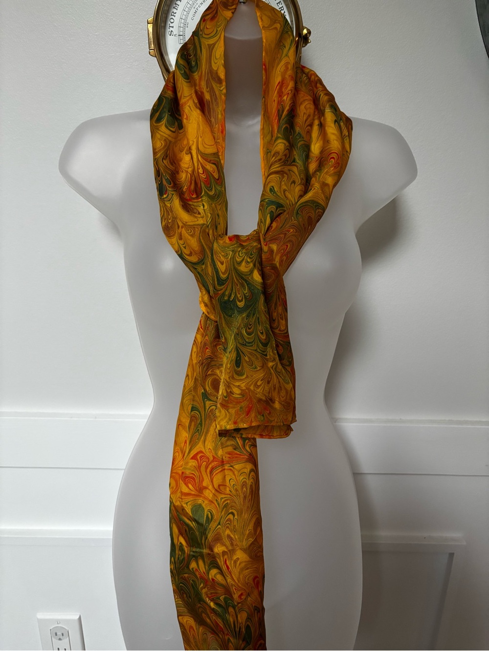 Hand Marbled Silk Chiffon golden-yellow abstract marbled scarf